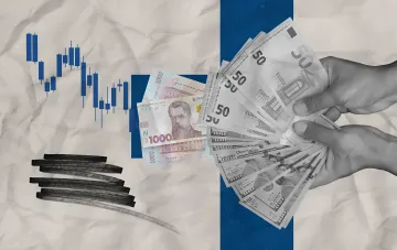 Hände mit US-Dollar, Euro und Hrywnja vor einem Währungskurs-Chart: NBU legt Kurse für den 27. August fest