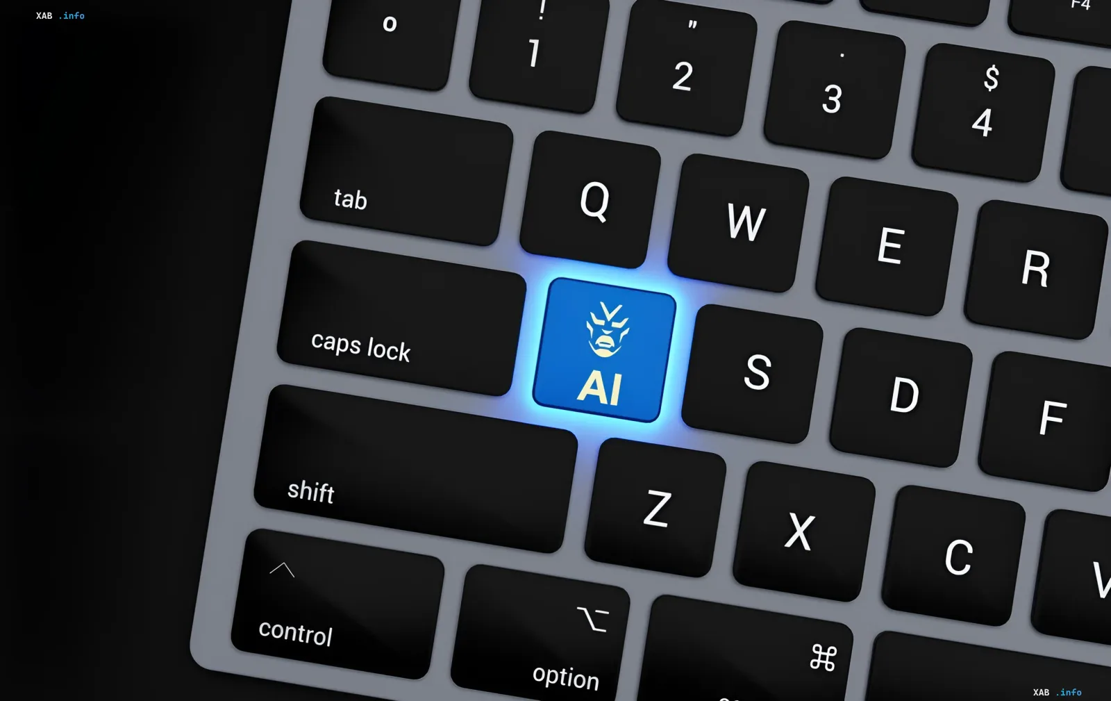 Glowing blue AI key with a robot icon on a keyboard — symbol of the automated bot farm behind ChatGPT