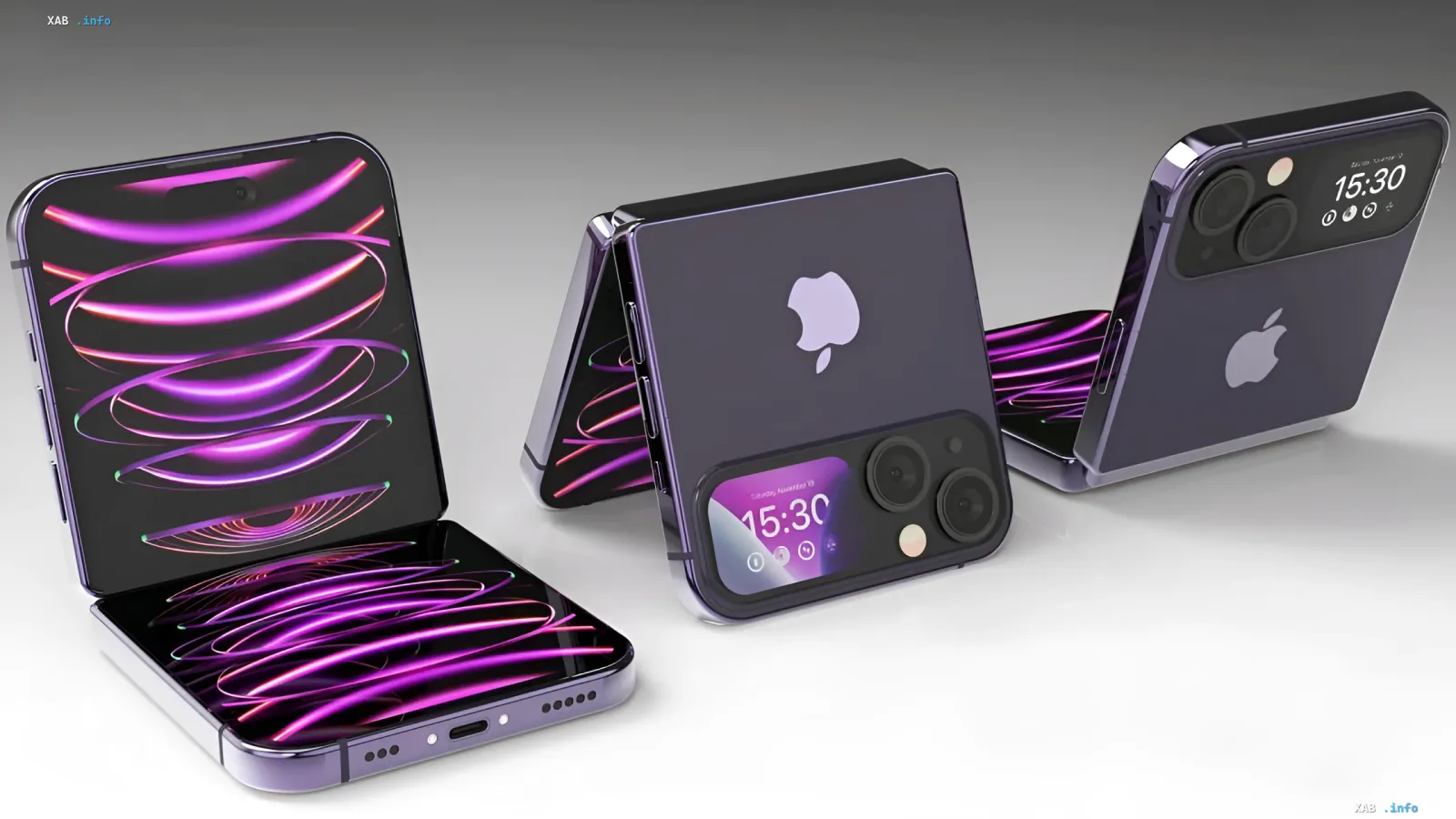 Foldable iPhone: render of the device Apple may unveil on September 9 Concept render of the first foldable iPhone in a purple body shown unfolded and folded with cameras and a rear display