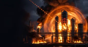Fire at the Lukoil Nizhnekamsknefteorgsintez refinery in Kstovo after a drone strike: burning tanks, black smoke and a UAV targeting reticle on a column