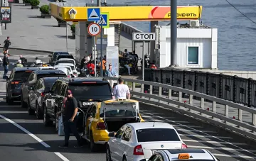 Queue of cars at a Rosneft gas station amid a gasoline shortage and a surge in demand for diesel vehicles in Russia