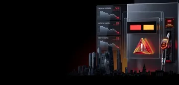 Illustration of the Moscow fuel crisis: a fuel nozzle, warning sign and falling fuel-reserve charts against the backdrop of the Kstovo refinery shutdown