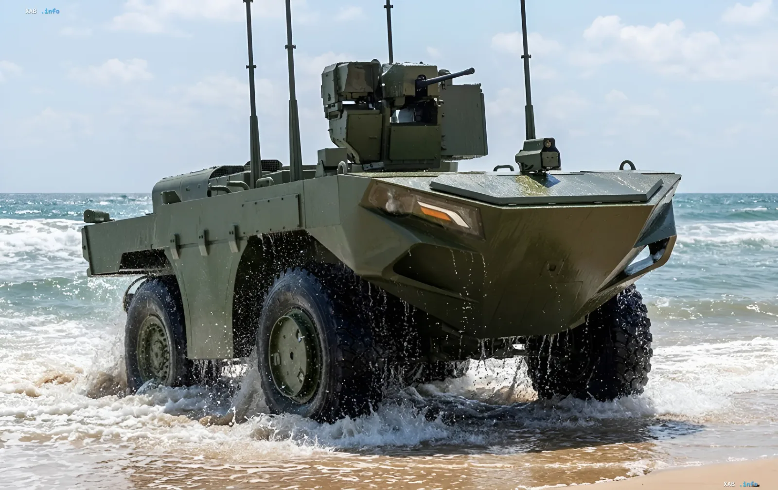 Turkish FNSS U-MAV amphibious landing NMRV weighing about 8 tons moving through shallow water with a remotely operated weapon station