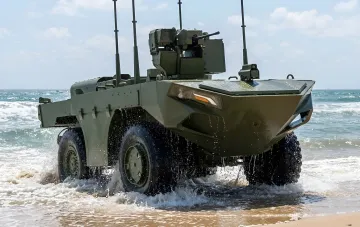 Turkish FNSS U-MAV amphibious landing NMRV weighing about 8 tons moving through shallow water with a remotely operated weapon station