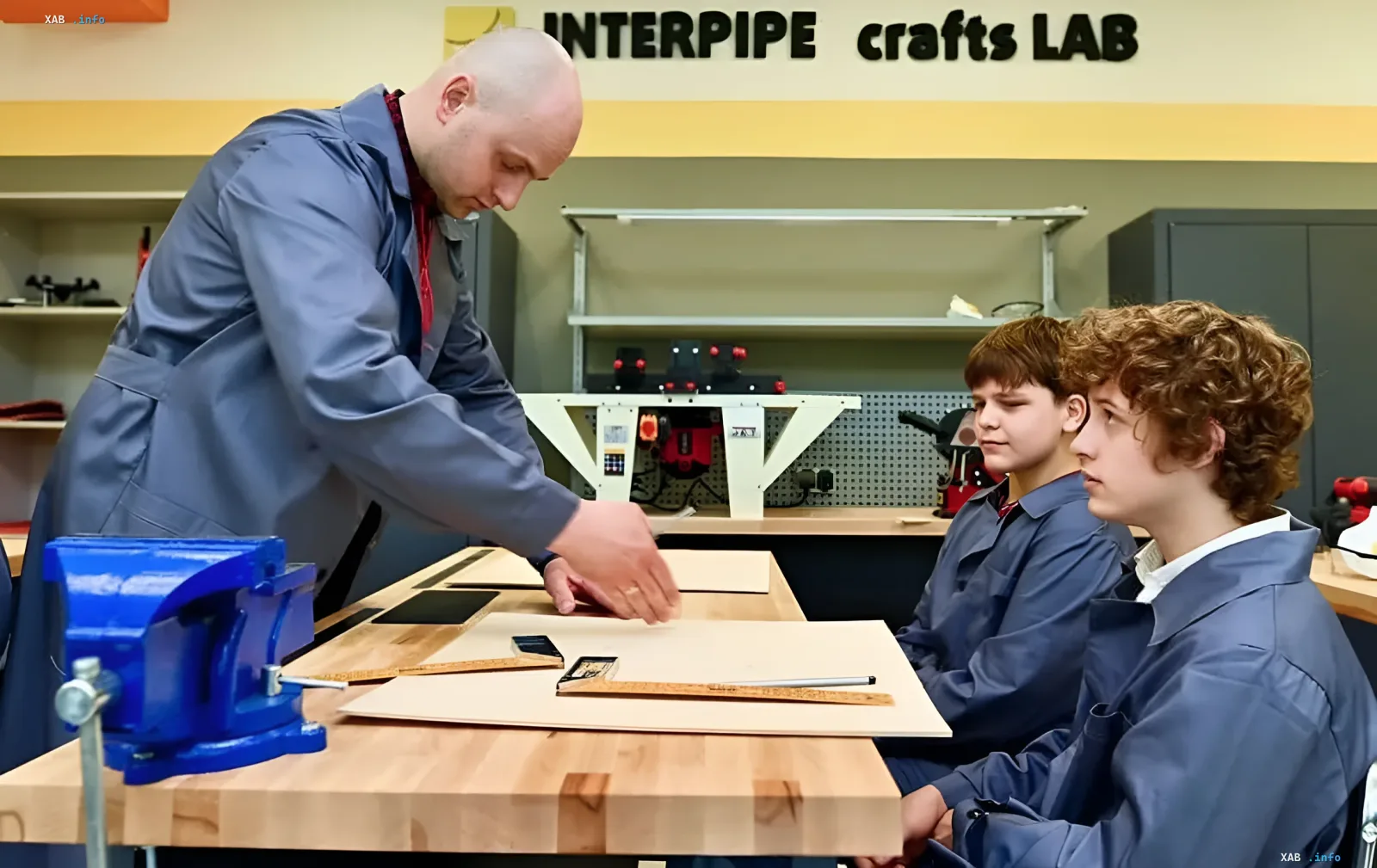 Ein Interpipe-Trainer demonstriert Jugendlichen die Arbeit mit Werkzeugen in der INTERPIPE crafts LAB-Werkstatt in Dnipro
