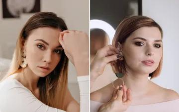 Zwei Frauen demonstrieren eine Stylist-Regel: kurze Ohrringe mit hohem Kragen und lange mit freier Schulter
