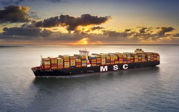 Контейнеровоз судоходной компании MSC с палубой, загруженной контейнерами, на фоне заката — судно, связанное с приостановкой бронировок в Новороссийске после атаки дронов