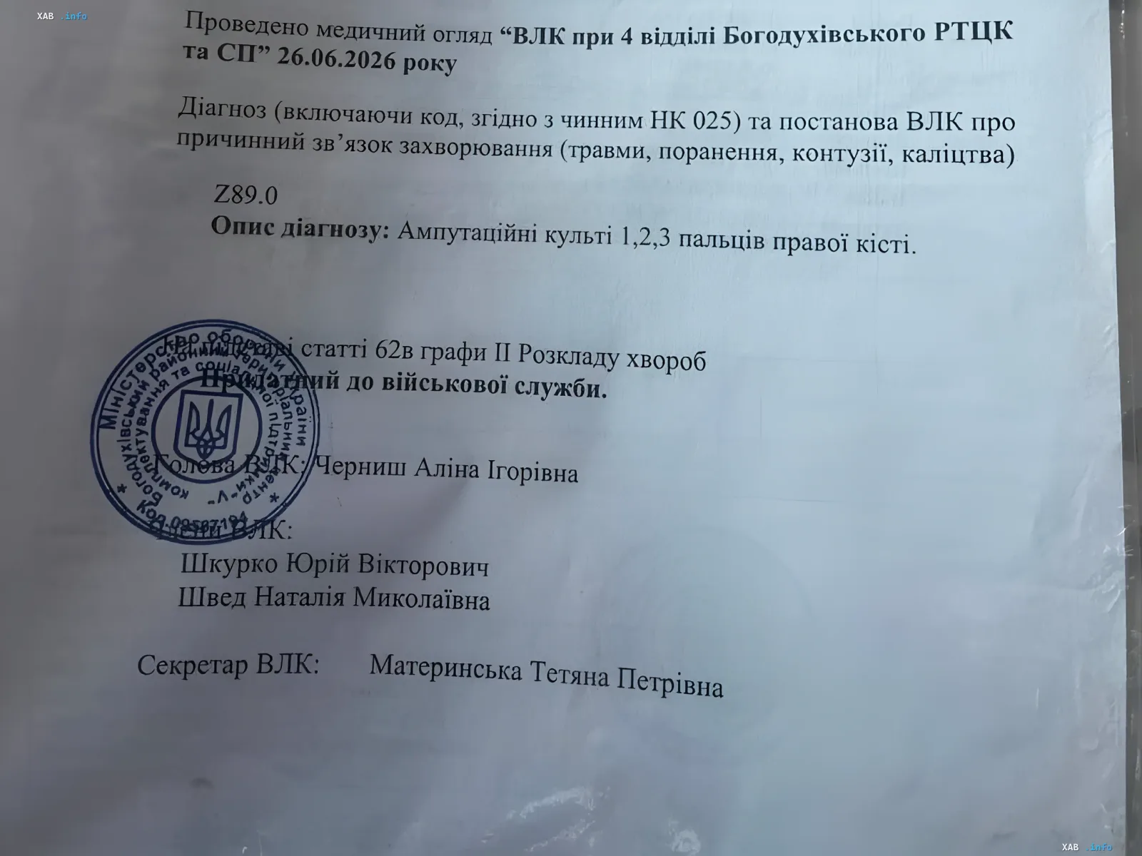 Скан-копия заключения ВЛК с диагнозом ампутации пальцев правой руки и вердиктом «придатен к военной службе»