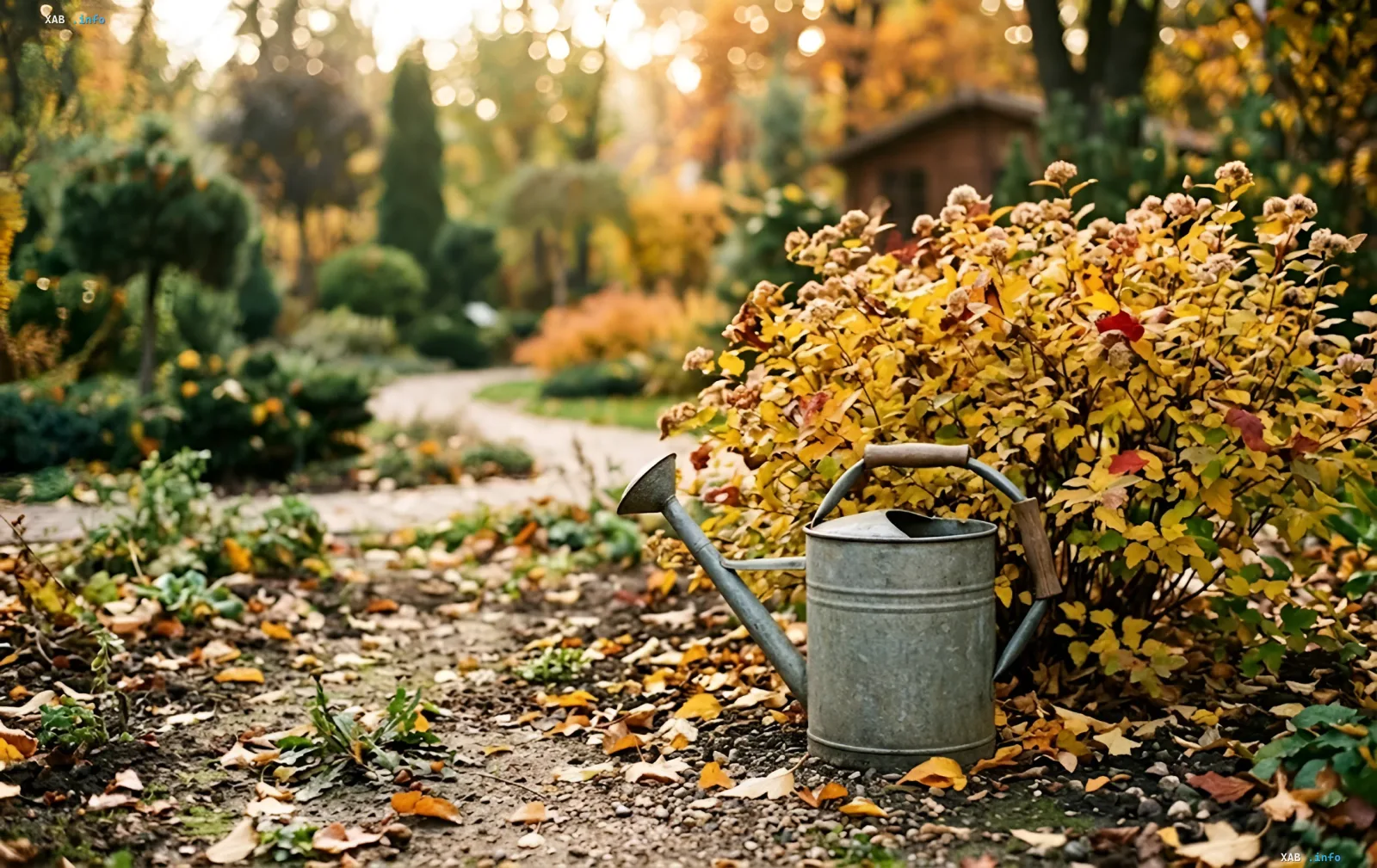 Eine Metallschlauchkanne auf einem Herbsthintergrund zwischen herabgefallenem Laub und einem vergilbten Busch — Symbol der Gartenvorbereitung für den Winter und der richtigen Herbstbewässerung