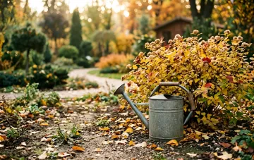 Eine Metallschlauchkanne auf einem Herbsthintergrund zwischen herabgefallenem Laub und einem vergilbten Busch — Symbol der Gartenvorbereitung für den Winter und der richtigen Herbstbewässerung