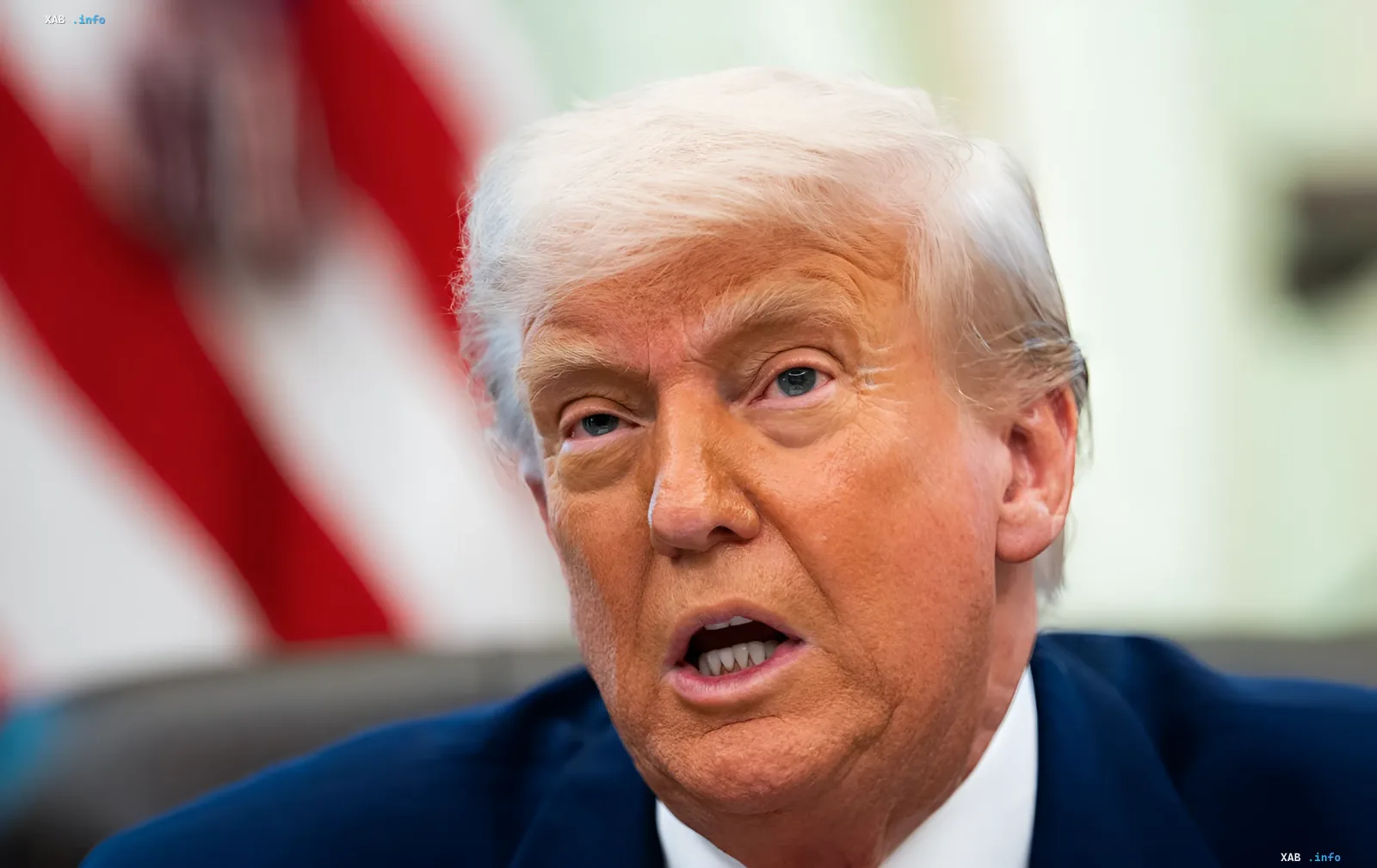 Donald Trump in front of the American flag during a statement on declaring a state of emergency over threats to the US power grid from foreign equipment