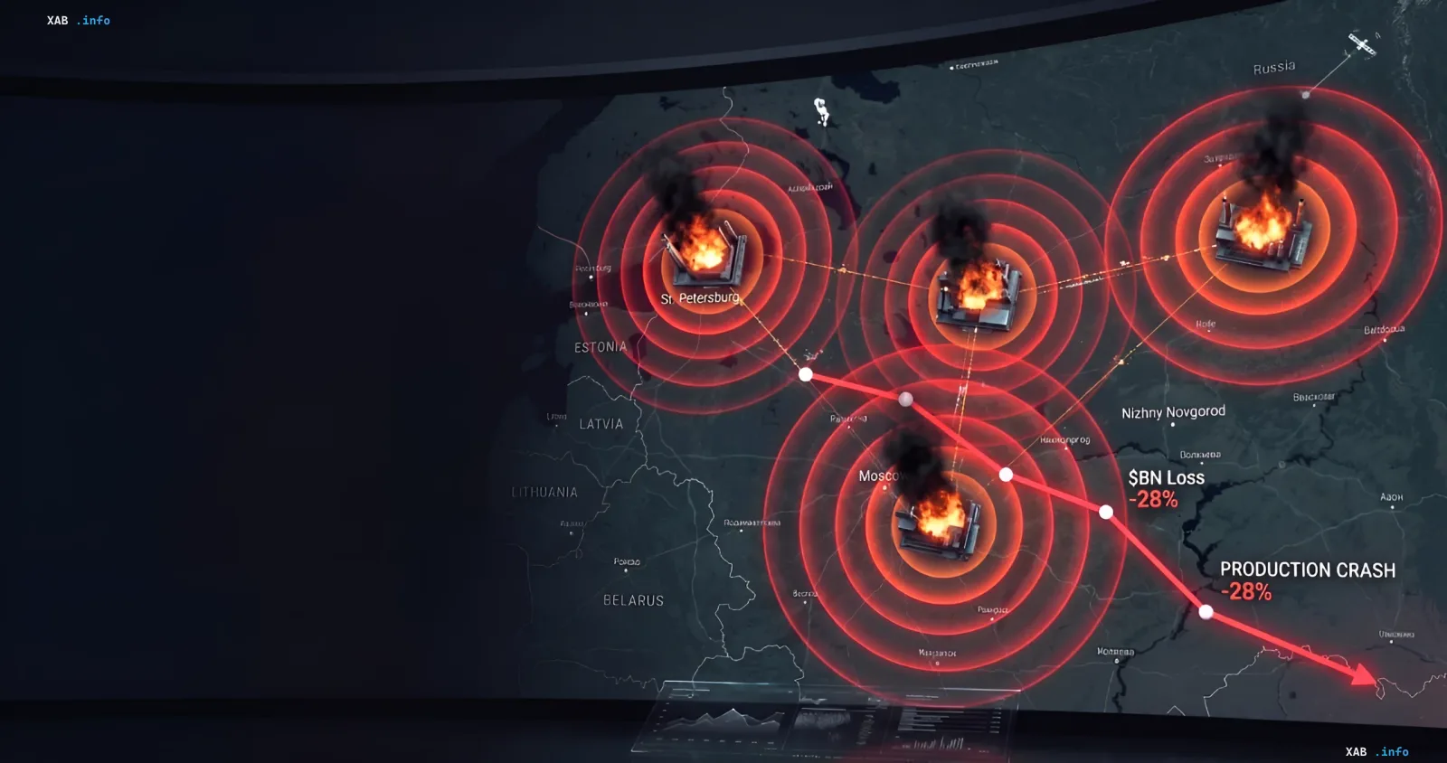 Map of Russia showing Lukoil's key refineries shut down: burning plants and a 28% production crash