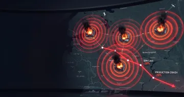 Map of Russia showing Lukoil's key refineries shut down: burning plants and a 28% production crash