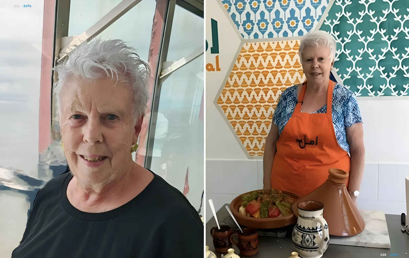 British pensioner Sheila Ingra at 83: portrait and photo with a tagine against Moroccan mosaic