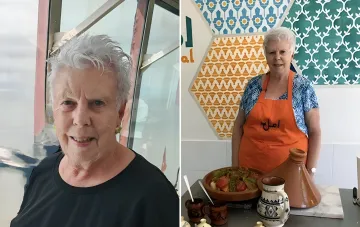 British pensioner Sheila Ingra at 83: portrait and photo with a tagine against Moroccan mosaic
