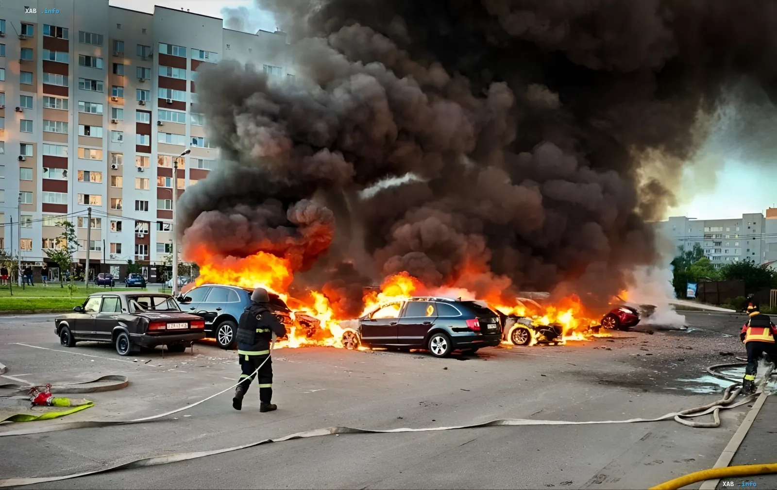 Burning cars and thick smoke after a nighttime drone and glide bomb attack, firefighters work to extinguish the fire near residential buildings