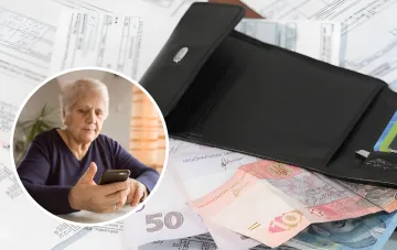 Порожній гаманець з гривнями та документами на фоні розрахунку житлової субсидії, літня жінка з телефоном