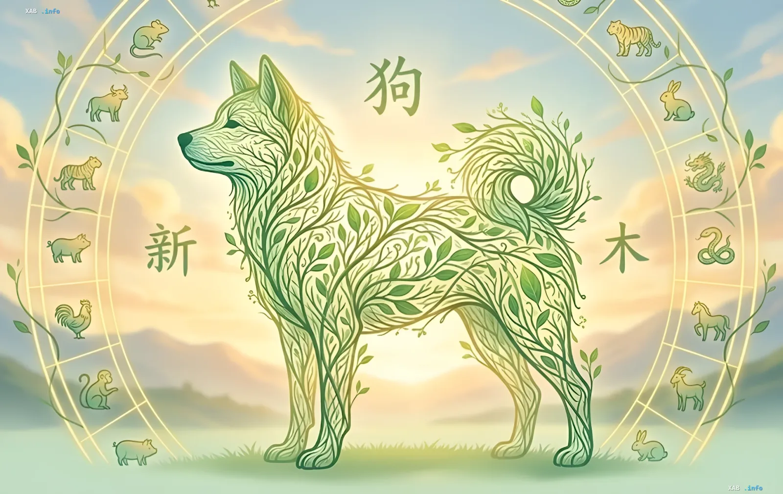 Деревянная Собака в китайском зодиаке: стилизованная собака из зелёных ветвей и листьев с иероглифом дерева и кольцом знаков зодиака, символ месяца Огненной Обезьяны и дня 28 августа