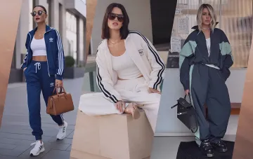 Sportanzug im teuren Stil: drei Styling-Looks der Stylistin — blauer Tracksuit mit Streifen, cremefarbener Set und Oversized-Outfit mit Accessoires