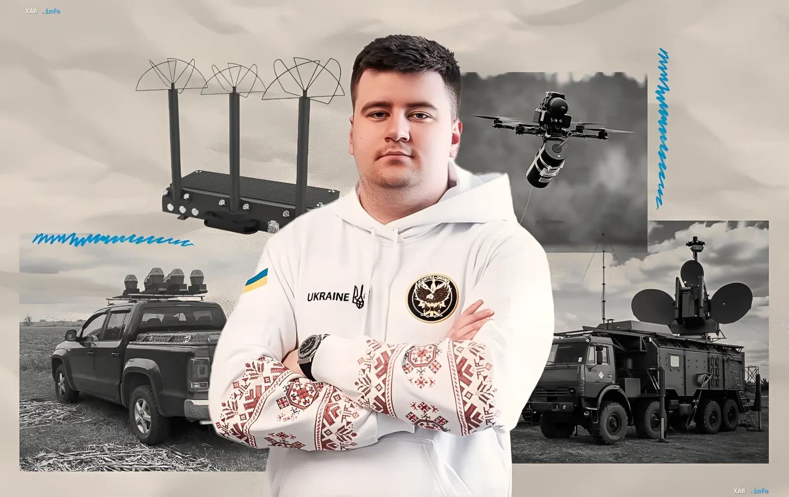 Ukrainischer EW-Operator vor tragbaren Antennensystemen, Drohne und mobilen EW-Komplexen