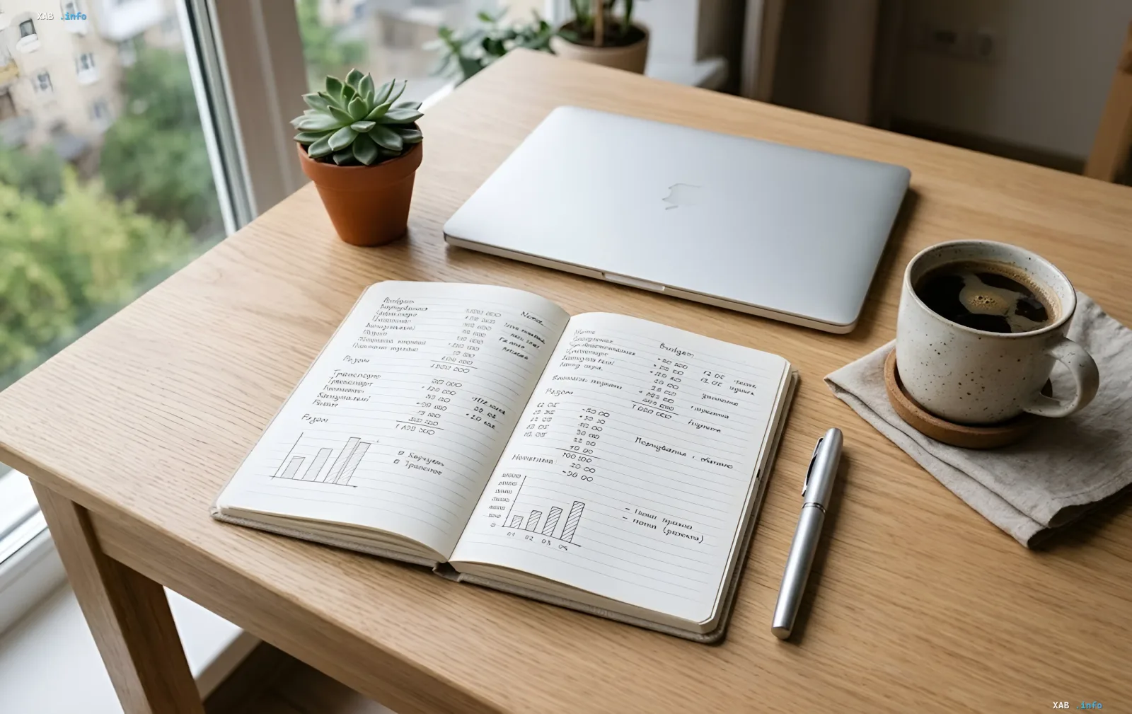 Offenes Notizbuch mit Finanzrechnungen und Diagrammen auf dem Schreibtisch neben Laptop und Kaffeetasse — Budgetplanung vor einem Jobwechsel