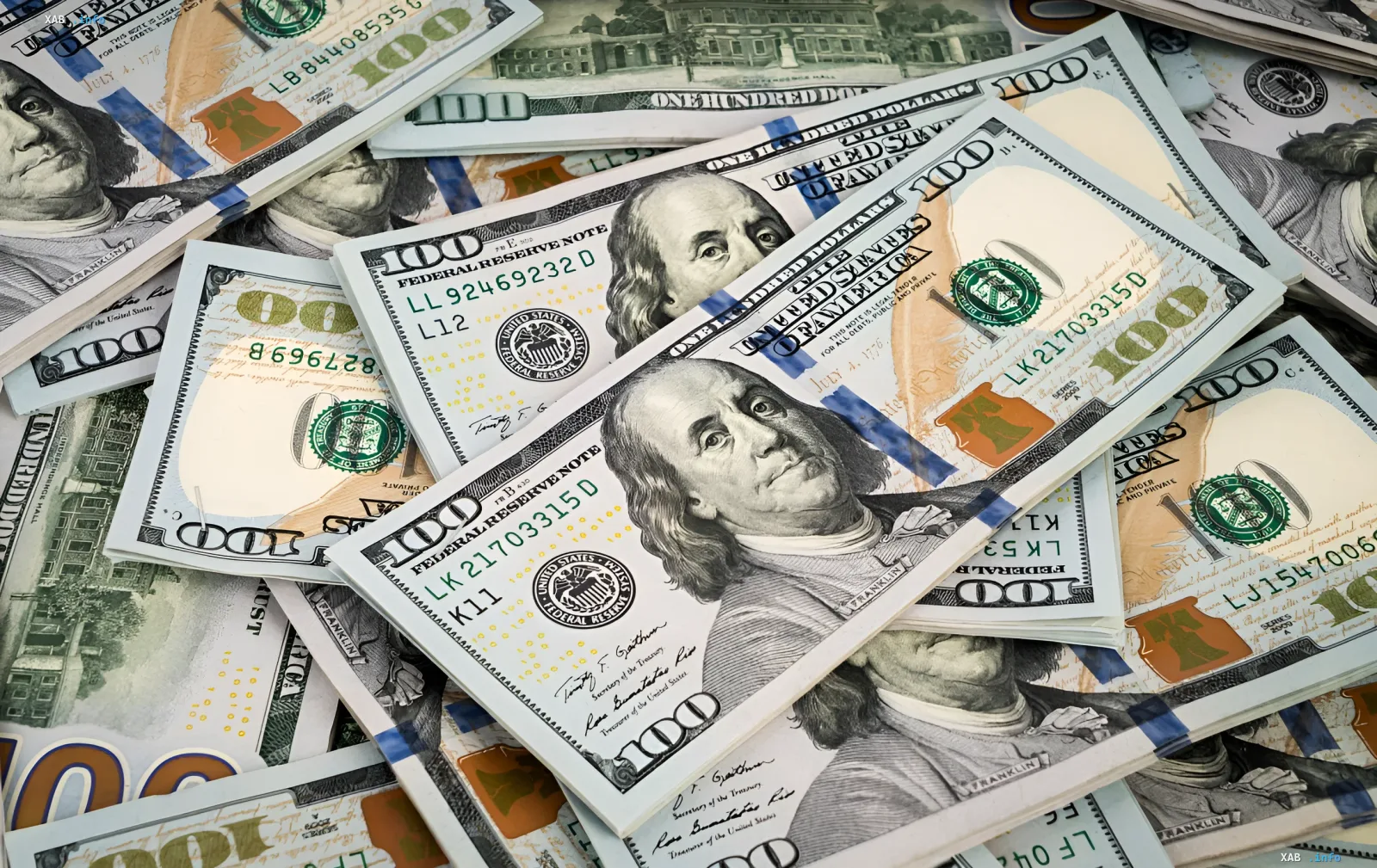 Stapel von US-Dollar-Scheinen im Kontext des Defizits im ukrainischen Militärhaushalt