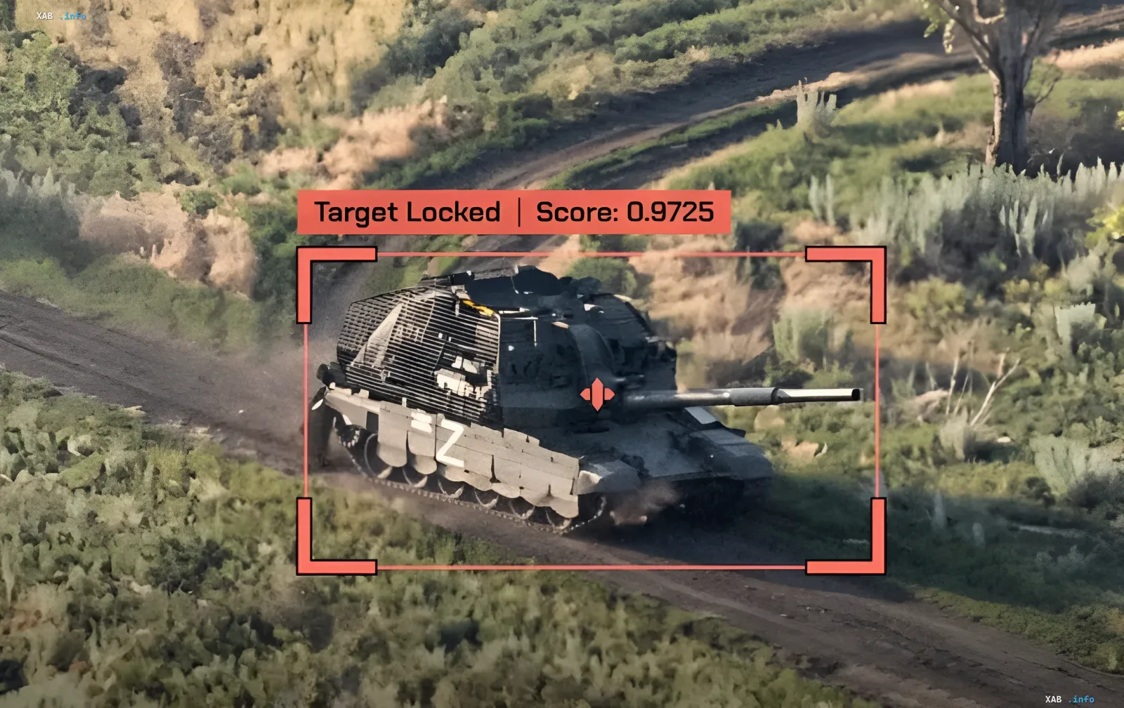 ИИ-система Target Locked фиксирует танк как цель: интерфейс захвата с точностью 0.9725 на фоне движения бронетехники