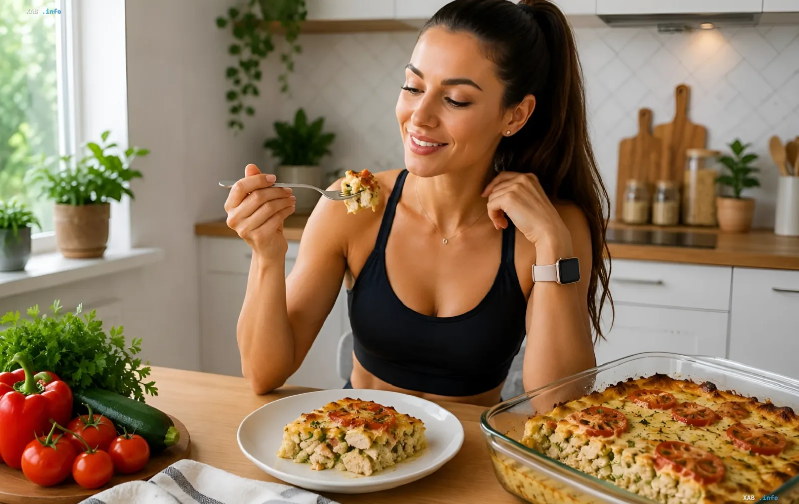 Женщина в спортивном топе ест порцию запеканки с курицей и кабачком, рядом стеклянная форма с готовым блюдом и свежие овощи — рецепт белкового ужина