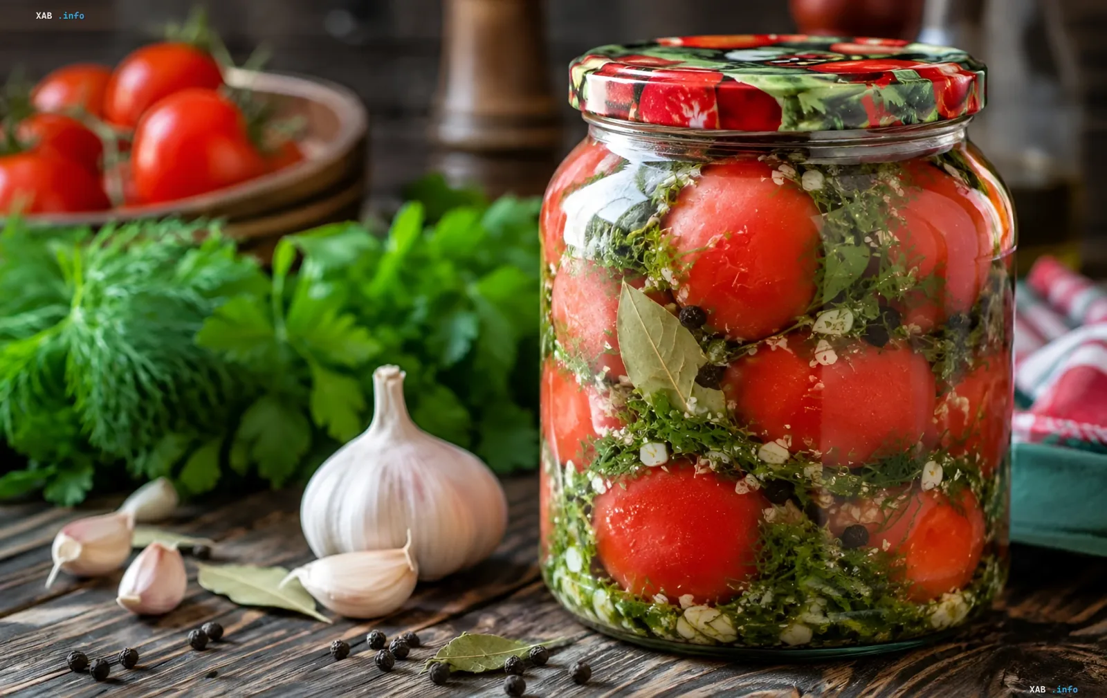 Стеклянная банка с херсонскими «голыми» помидорами, маринованными с укропом, петрушкой, чесноком, лавровым листом и перцем горошком; рядом на деревянном столе свежие помидоры, головка чеснока и зелень