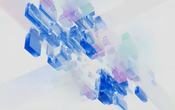 Абстрактная 3D-визуализация ИИ-алгоритмов: полупрозрачные сине-фиолетовые кубы и структуры, символизирующие «искусственное государство» и цифровое управление