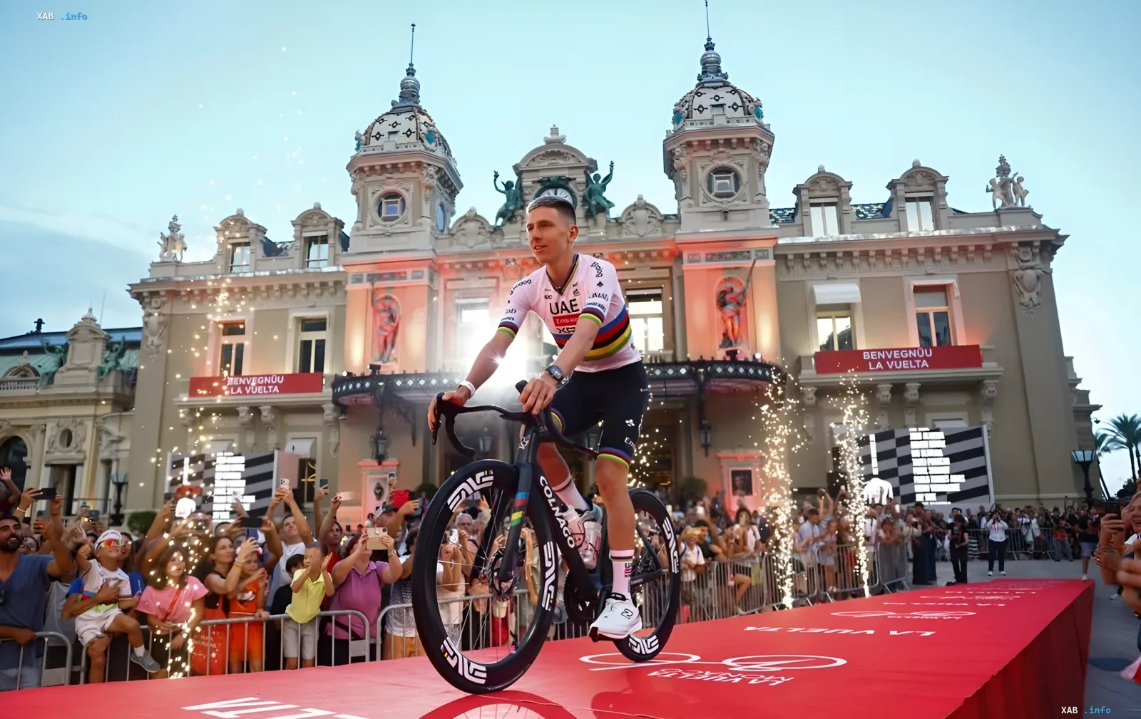 Tadej Pogacar in the world champion jersey at the Vuelta presentation — the rider who later crashed out on stage 8