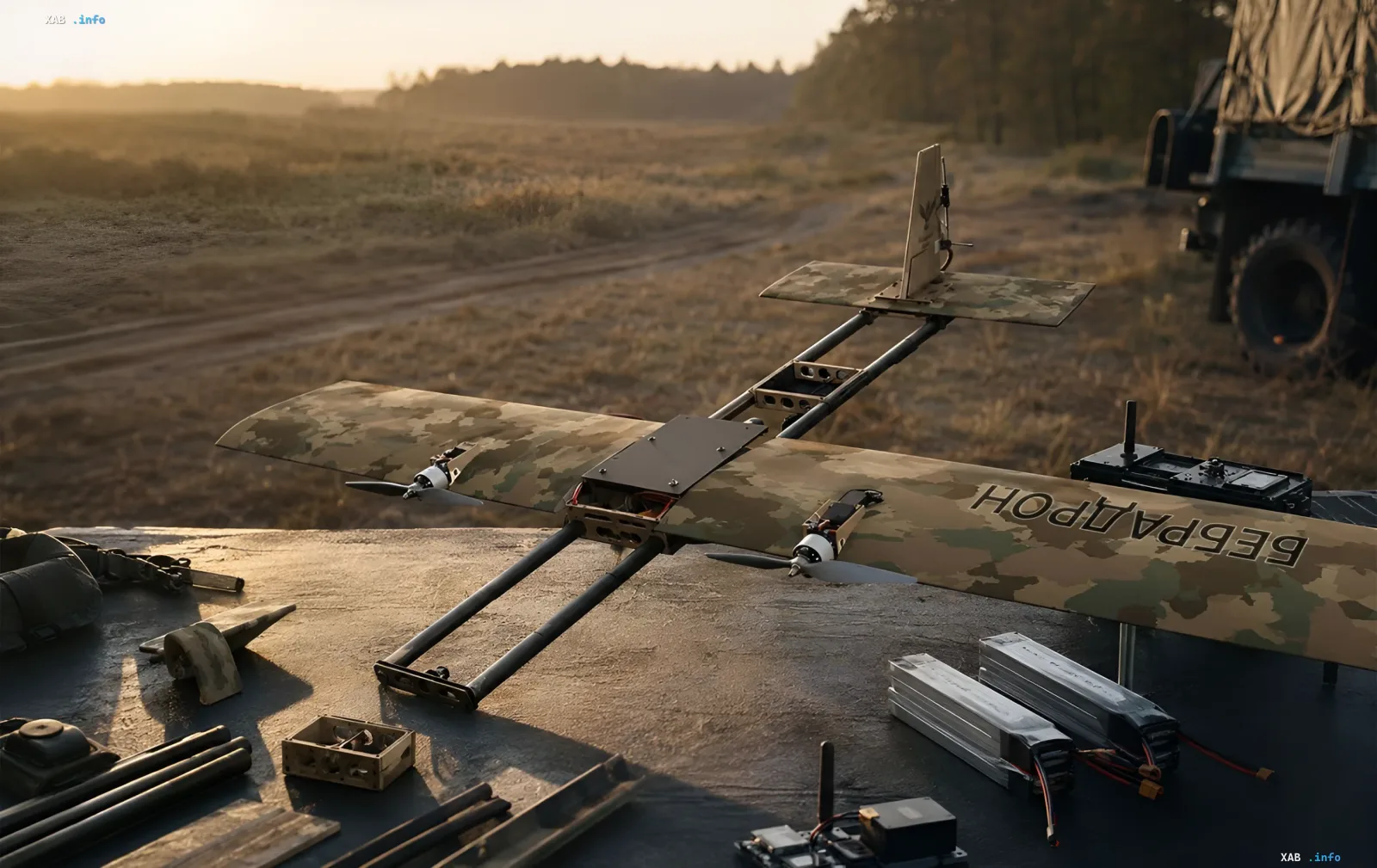 Модульная платформа БПЛА «Бебрадрон КИТ» от BlueBird Tech в камуфляжной раскраске, развёрнутая на полевом позиционном месте с батареями и электроникой рядом