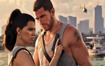 GTA 6 Hauptfiguren Lucas und Juxie mit einer Pistole vor der Skyline von Vice City