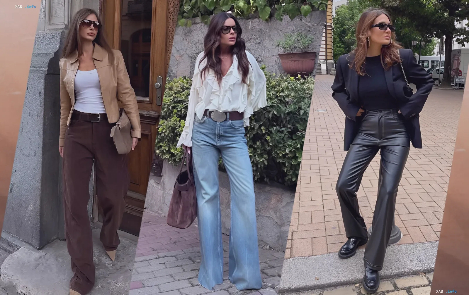 Drei Herbst-Outfits mit trendigen Hosenmodellen: weite braune Hosen, Flared-Jeans und Lederhosen — eine Auswahl von Stylistin Natalie Parvaz