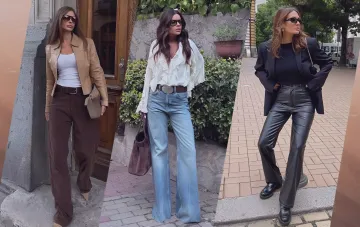 Drei Herbst-Outfits mit trendigen Hosenmodellen: weite braune Hosen, Flared-Jeans und Lederhosen — eine Auswahl von Stylistin Natalie Parvaz