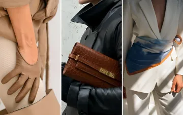 Herbst-Accessoires von Andre Tan: Handgelenkschals, eine Krokodilleder-Tasche und ein Seidenschal an der Taille