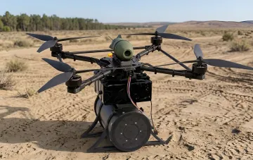 Оптоволоконный FPV-дрон Deadliner Q15-30 с оптическим модулем на фоне степного полигона, прошедший кодификацию Минобороны Украины