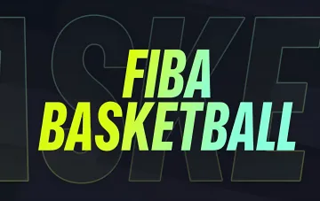 Логотип ФИБА на фоне слова BASKETBALL в неоновых цветах