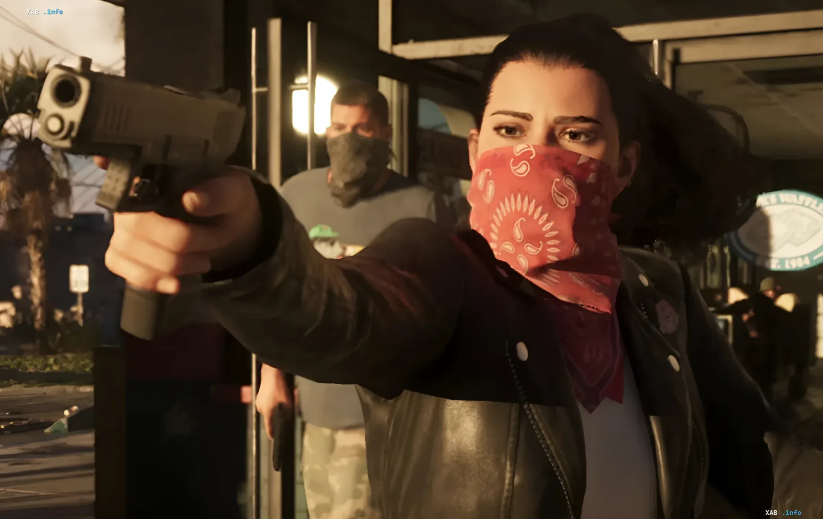 GTA 6: сцена ограбления — персонаж в красной бандане с пистолетом и напарник в маске, иллюстрация механик розыска и свободы действий