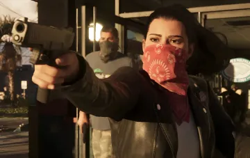 GTA 6: сцена ограбления — персонаж в красной бандане с пистолетом и напарник в маске, иллюстрация механик розыска и свободы действий