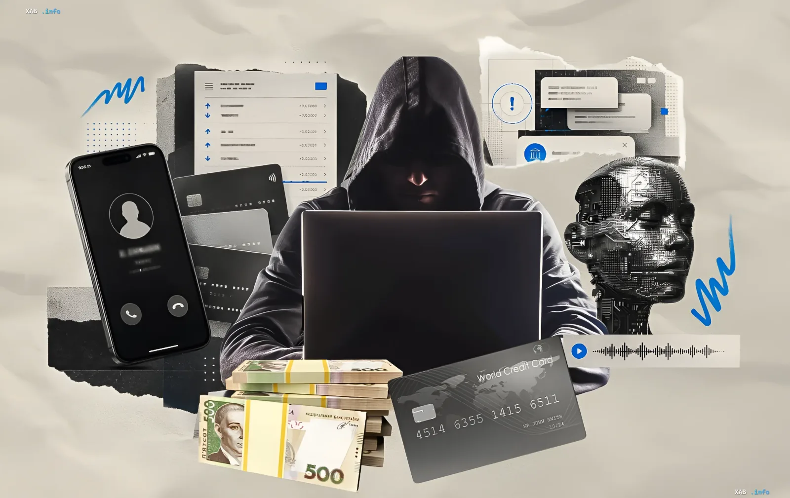Schematische Illustration von KI-Betrug: ein gehoodeter Hacker am Laptop, ein digitaler Kopf eines neuronalen Netzes, ein geklonter Anruf auf dem Smartphone und gestohlenes Bargeld mit Kreditkarten