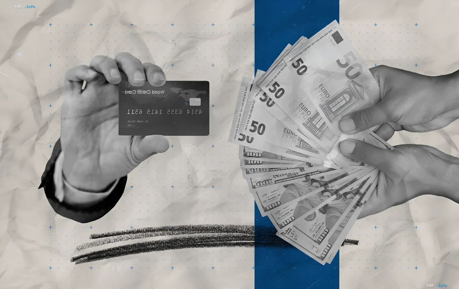 Hands holding a bank card and stacks of US dollar and euro banknotes — symbolic image of falling currency exchange rates at banks and exchange offices on September 1, 2026