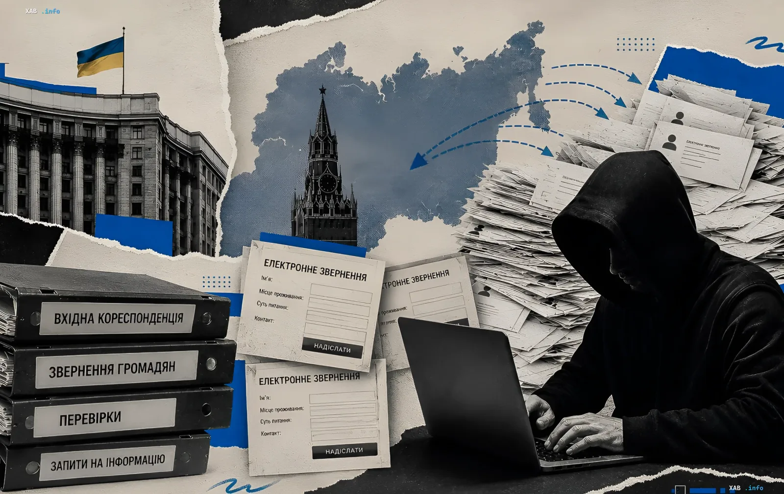 Schematische Illustration der Operation Postmann: ein gehudeter Hacker, Karten von der Ukraine und Russland, Stapel von Dokumenten und elektronische Bürgeranfragen