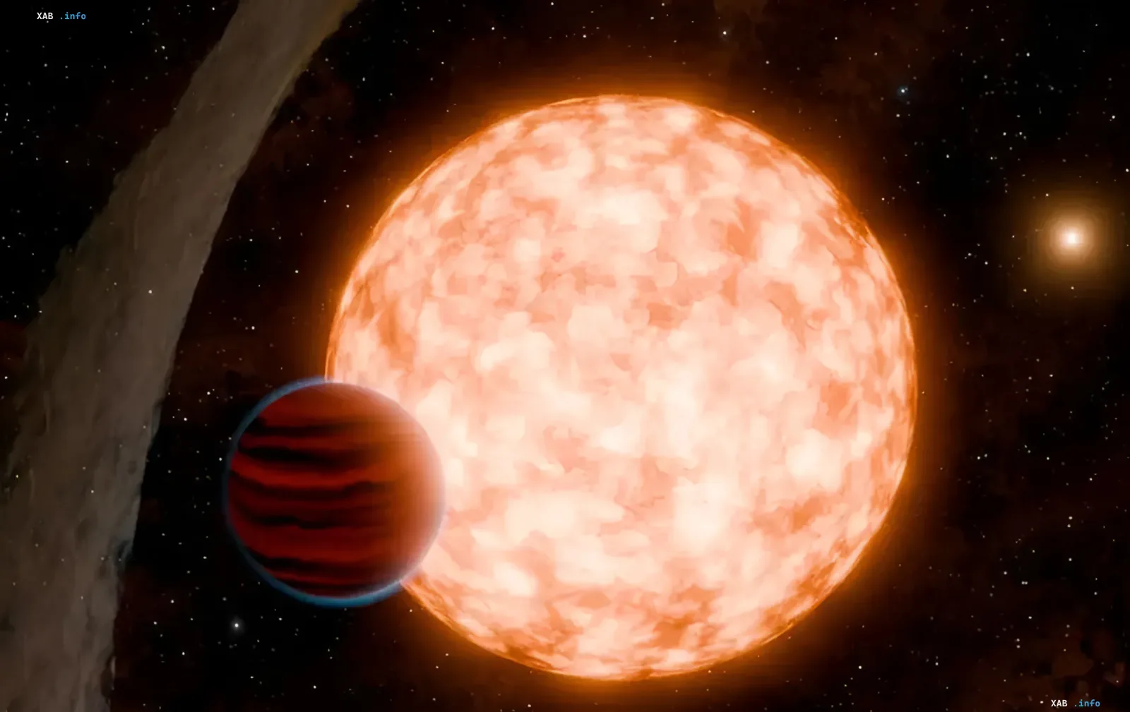 Artist's illustration of the transit of exoplanet TIDYE-1b across a young orange star: a banded planet with a thin atmospheric rim crosses the glowing stellar disk against a starry space
