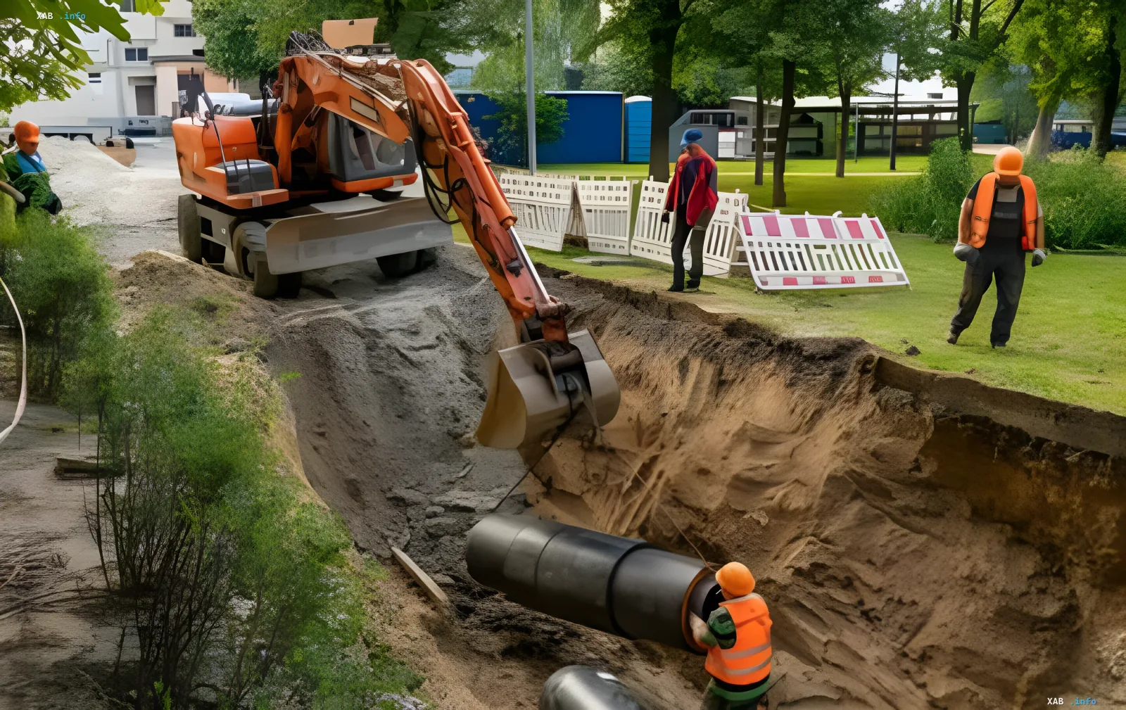 Heat network construction in Kyiv's Teremky: an excavator digs a trench for pipes beside preserved greenery