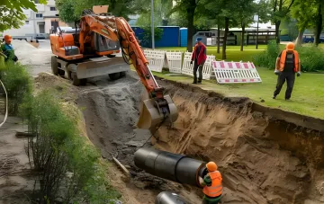 Heat network construction in Kyiv's Teremky: an excavator digs a trench for pipes beside preserved greenery