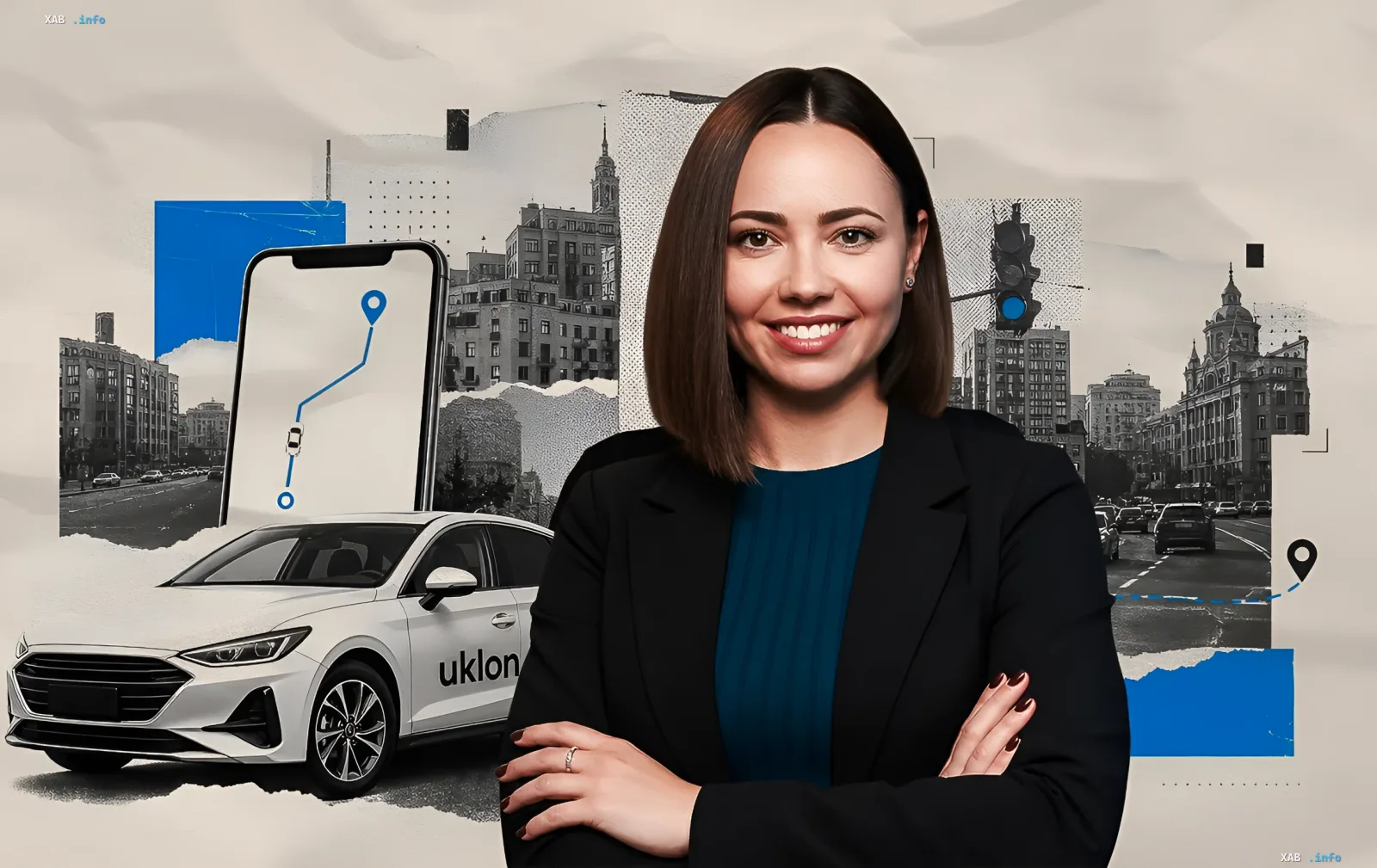 Жінка в діловому костюмі на тлі автомобіля Uklon та міського пейзажу, що ілюструє зростання частки водіїв старше 60 років у сервісі