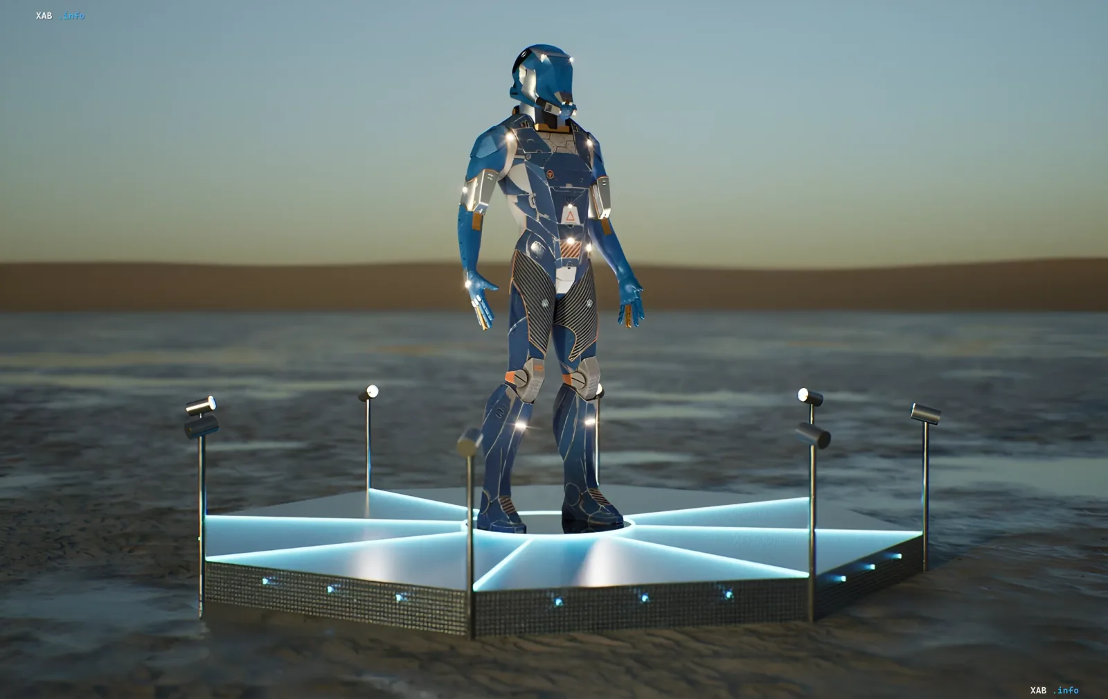 Futuristischer humanoider Roboter auf einer leuchtenden Plattform in der Wüste — Kunstwerk ukrainischer Künstler auf Burning Man