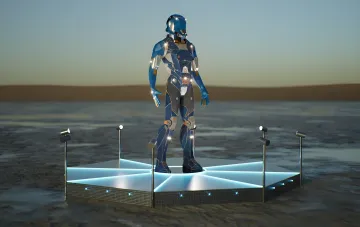 Futuristischer humanoider Roboter auf einer leuchtenden Plattform in der Wüste — Kunstwerk ukrainischer Künstler auf Burning Man