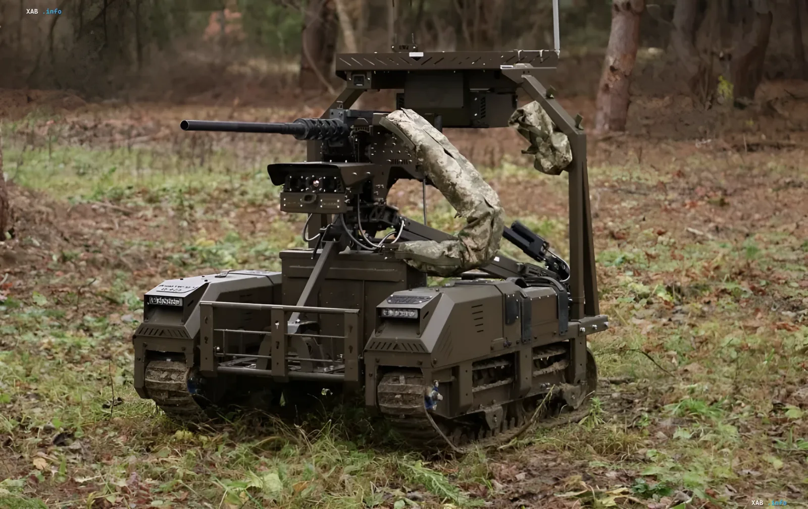Украинский дистанционно управляемый робот-носитель Droid TW-12.7 с пулемётом 12,7 мм на гусеничном ходу в полевых условиях
